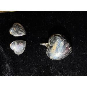 Vintage Sterling Silver Puffy Heart Pendant & Matching Etched Earrings Set